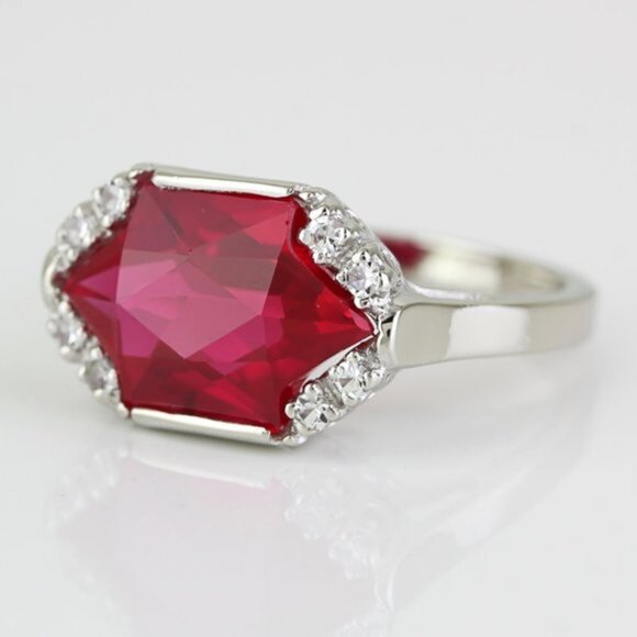 10k White Gold Lab-Created Ruby & Sapphire Ring - Picture 1 of 8